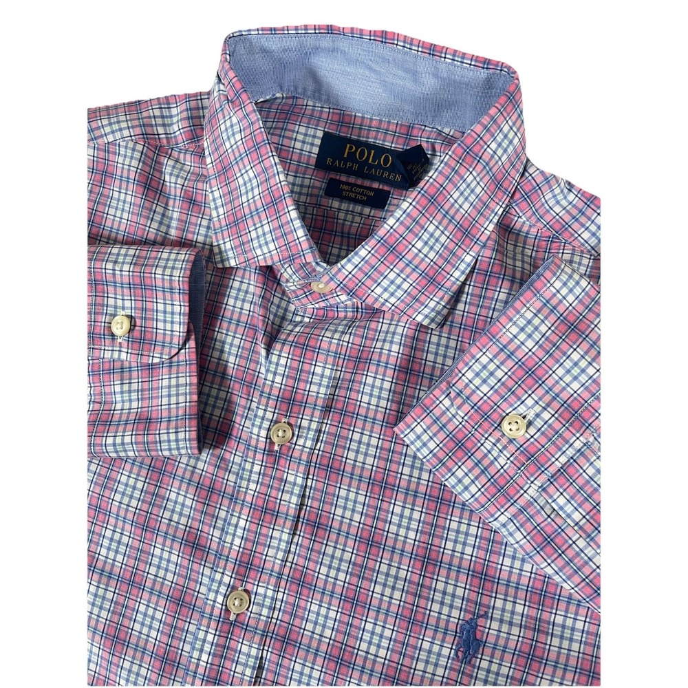 Polo Ralph Lauren Large 100% Cotton Stretch Shirt Pink Blue‎ Plaid Button Up